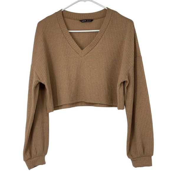 Shein Solid Rib Knit Crop Top Long Sleeve Tee Sz Small Tan Pouf sleeve 2719 - Picture 1 of 7